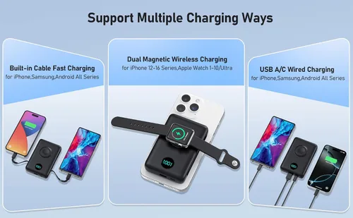 Vista 7 de Cargador portátil magnético para MagSafe con cable integrado, cargador para iWatch, banco de energía inalámbrico de 10800mAh, artículos esenciales