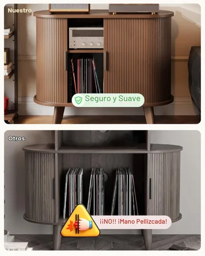 Vista 4 de Soporte para tocadiscos, mueble moderno de mediados de siglo con puertas correderas, gabinete de estantería de audio-video, soporte de medios