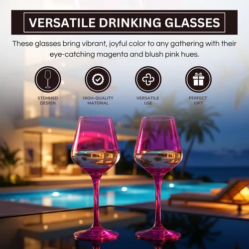 Vista 4 de Copas de vino de color rosa intenso irrompibles, flotantes para piscina, juego de 2 unidades, vasos Tritan, color magenta irrompible y rosa rubor