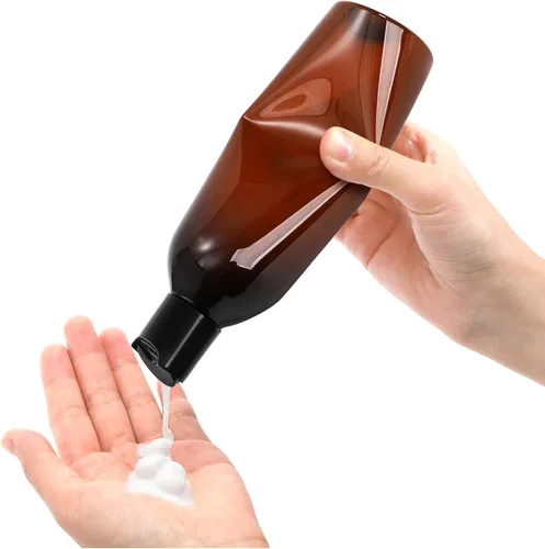 Vista 3 de Bekith Paquete de 16 botellas de plástico vacías ámbar de 8 onzas con tapa abatible superior de disco; recipientes recargables sin BPA para champú