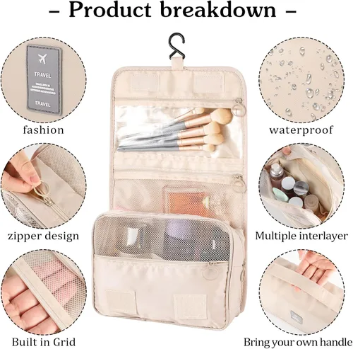 Vista 3 de Pengxiaomei Neceser para mujer, bolsa de cosméticos impermeable para colgar, bolsa portátil de maquillaje de viaje, bolsa de baño con asa Beige