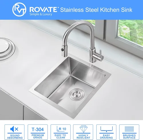 Vista 3 de ROVATE - Fregadero de barra o fregadero de cocina de 13 x 15 pulgadas, hecho a mano, de acero inoxidable T-304 de un solo tazón