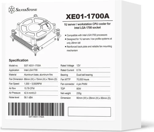 Vista 9 de SilverStone Technology XE01-1700A 1U Servidor/estación de trabajo Enfriador de CPU para LGA 1700 y LGA1851socket, SST-XE01-1700A