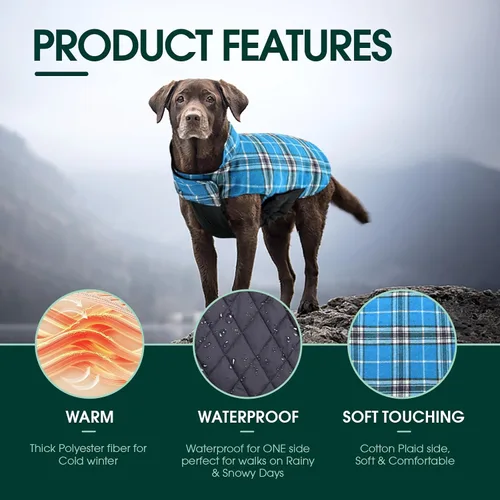 Vista 3 de Kuoser - Abrigo impermeable de invierno para perro, chaqueta reversible estilo británico, ropa para perro a cuadros, abrigo de nieve acogedor