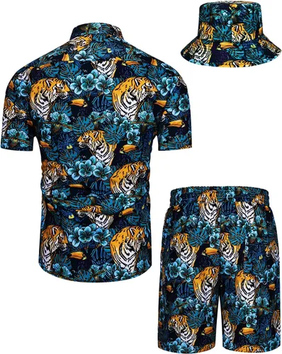 Vista 92 de TUNEVUSE Conjunto de camisas y pantalones cortos hawaianos para hombre, 2 piezas, trajes de playa con estampado de flores, traje tropical de verano