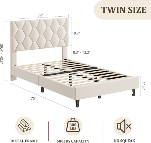 Vista 2 de GAOMON Base de cama tapizada tamaño individual, color beige, base de cama de plataforma resistente con cabecera tapizada y listones de madera