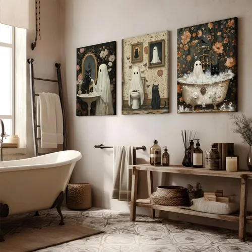 Vista 4 de Juego de 3 arte de pared de fantasmas de Halloween para baño, divertido gótico, decoración de pared de academia oscura, fantasma de terror y gato