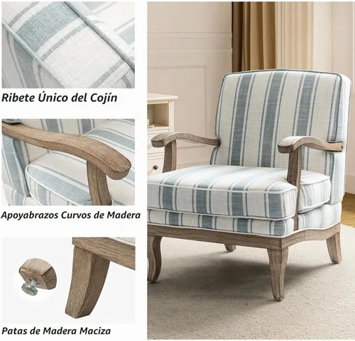 Vista 4 de HULALA HOME Silla decorativa a rayas de granja con patas de madera maciza Azul