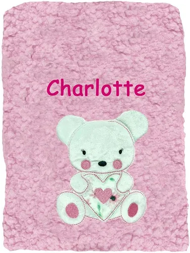Vista 3 de Manta de bebé Sherpa rosa con personaje de oso de peluche personalizado con nombre personalizado