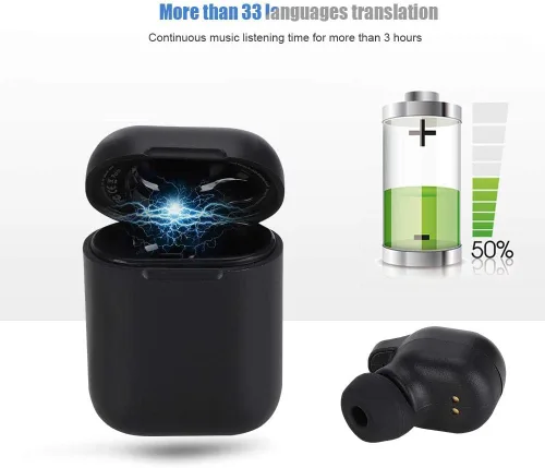 Vista 5 de PUSOKEI Auriculares Bluetooth5.0, dispositivo de traductor de idioma inteligente de un solo oído con caja de carga, traductor inteligente de más
