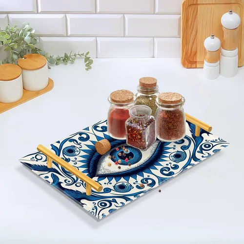 Vista 5 de Bandeja de servir de acrílico de ojo malvado azul, decoración moderna del hogar para dormitorio, baño, cocina, sala de estar, mesa, 7.9 x 11.8