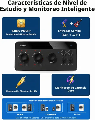 Vista 4 de BlueAVS Interfaz de audio USB, interfaz de audio de 2 entradas/4 salidas con 2 entradas combinadas XLR/TRS, grabación de 24 bits/192 kHz