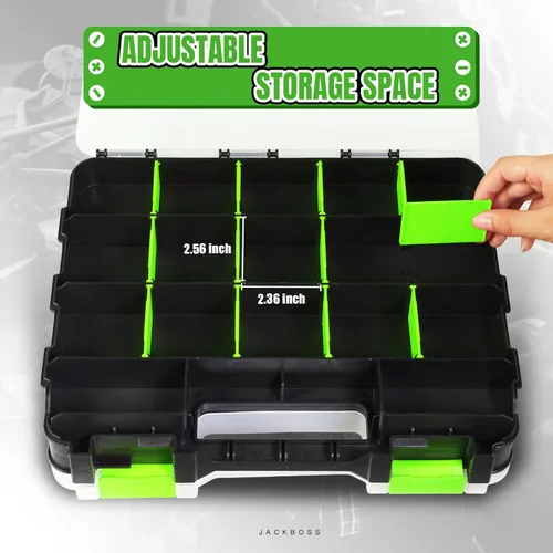 Vista 3 de Jack Boss Caja de herramientas con tapa transparente, caja organizadora de 34 compartimentos de doble cara con divisores extraíbles para herrajes