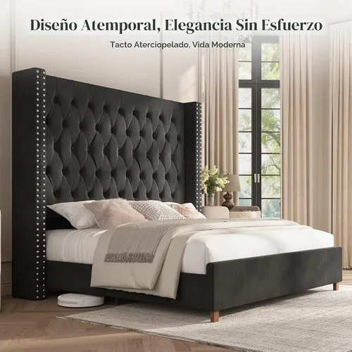 Vista 7 de PaPaJet Base de cama Queen de 61.4 pulgadas de alto, cabecera tapizada