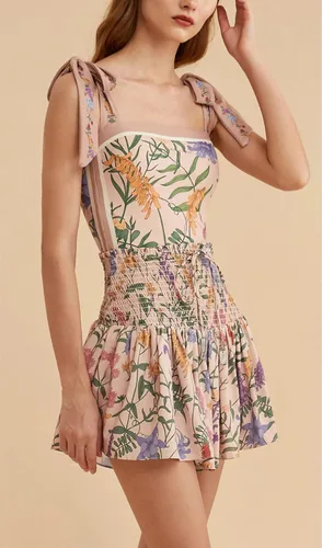 Vista 2 de FEMBOY Traje de baño floral de 2 piezas para mujer, traje de baño reversible con lazo en el hombro, monokini con falda falda fruncida