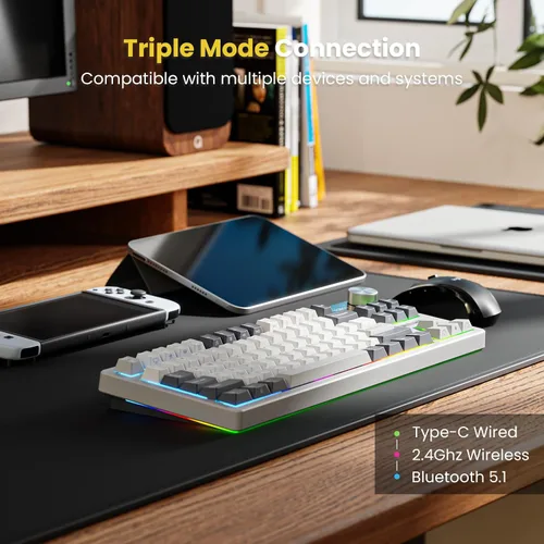 Vista 2 de RK ROYAL KLUDGE Teclado mecánico inalámbrico S85, teclado TKL con pantalla y perilla de trinquete, Bluetooth2.4GHzUSB-C, interruptores silenciosos