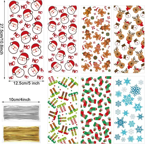 Vista 3 de Blulu 180 bolsas de fiesta de Navidad, bolsas de plástico de celofán de Papá Noel con 200 lazos dorados y plateados para vacaciones, fiestas