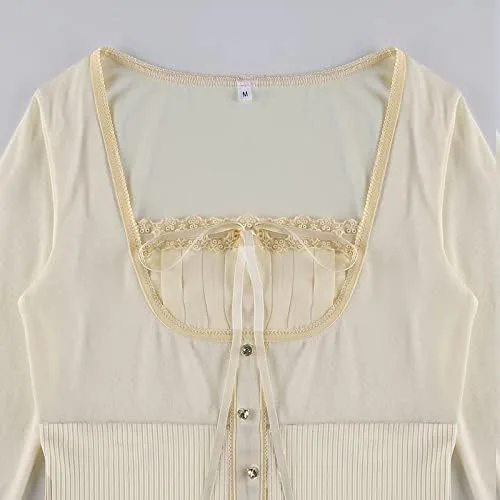 Vista 5 de Blusa de manga larga con cuello de encaje para mujer, estilo grunge, estilo grunge, estilo vintage