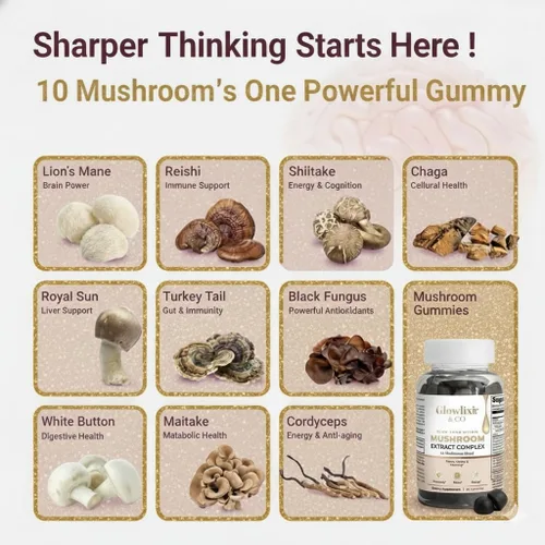 Vista 3 de Gomitas de hongos Mezcla de 10 hongos con melena de león, Reishi, Chaga y más Cordyceps para concentración y energía, memoria, inmunidad