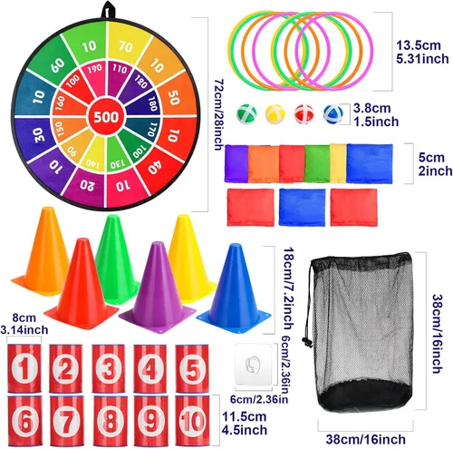 Vista 2 de Hungdao Juego de 3 juegos de carnaval, tablero de dardos con bolas de plástico, conos de plástico, bolsas de frijol, juego de lanzamiento