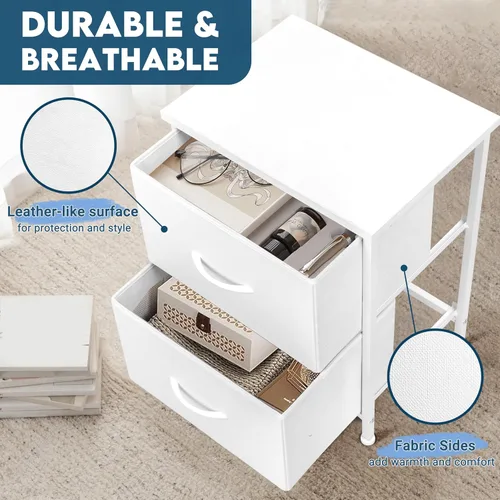 Vista 5 de LOFTEY Mesita de noche blanca, mesita de noche con 2 cajones de tela, mesita de noche para niños pequeños para dormitorio, mesa auxiliar de cama