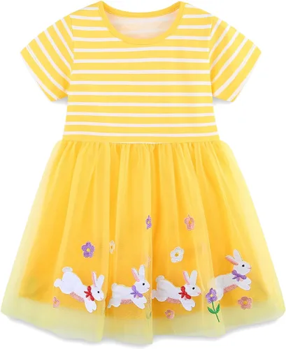 Vista 10 de Bumeex - Vestidos de verano para niñas pequeñas, de algodón, estampado de caricatura, manga corta, vestidos casuales para niñas, vestidos de sol