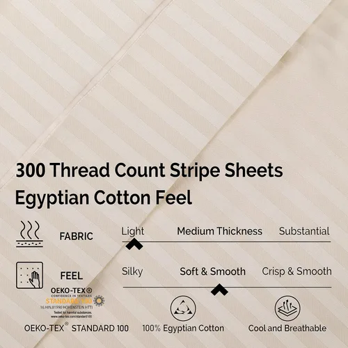 Vista 5 de Superior Egyptian Cotton 300 Thread Count Bed Sheet Set, 1 Elastic Deep Pocket Fitted Sheet, 1 Flat Sheet, 2 Pillowcases, Daily Sheets, Luxury Home