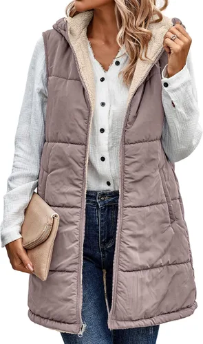 Vista 12 de ECOWISH Chaleco largo acolchado para mujer: chaqueta de forro polar reversible con cremallera para otoño 2025, abrigo de invierno cálido sin mangas