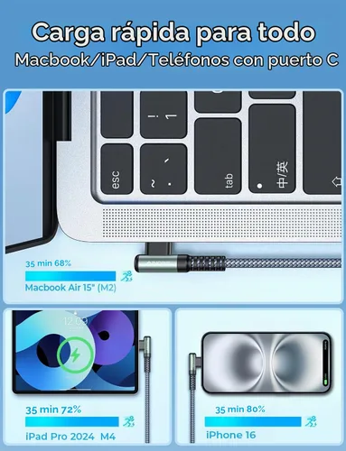 Vista 4 de AINOPE Cable USB C a USB C de 240 W de carga rápida de 1.5 pies, cable de carga rápida tipo C en ángulo recto para iPhone 16 Pro Max Plus, iPhone