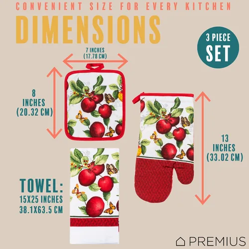 Vista 6 de Juego de 3 piezas de ropa de cocina con estampado de Apple Orchard, 1 toalla de algodón, 1 agarradera, 1 guante de horno con lazo para colgar