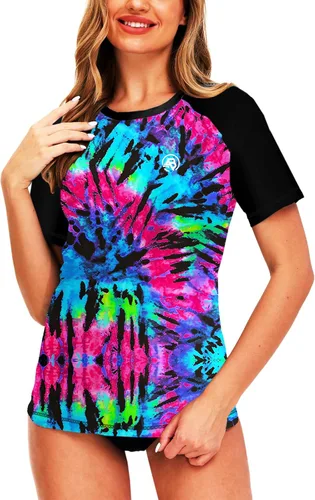 Vista 5 de AOBUTE Women Short Sleeve Rash Guard Gradient Sun Protection Swim Shirts