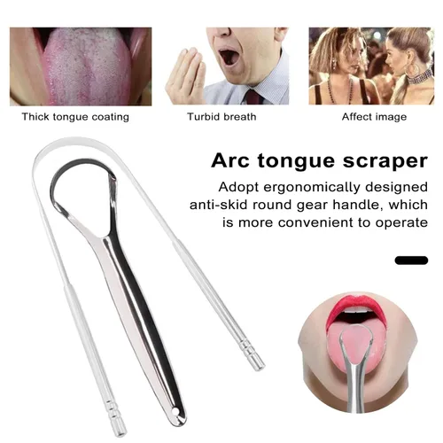 Vista 4 de Raspador de lengua de acero inoxidable, limpiador de lengua para adultos, rascador de lengua semicírculo, limpiador de lengua para curar el mal