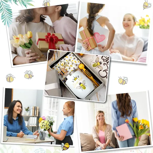 Vista 6 de Panitay Juego de 6 regalos temáticos de abeja para mujer, vaso de acero inoxidable de 12 onzas con popote y calcetines de cepillo, bolsa
