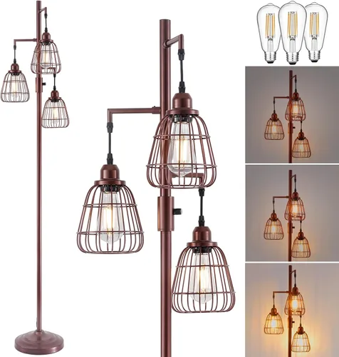 Vista 9 de 9MMML Lámpara de pie dorada regulable, lámpara de pie alta industrial dorada para sala de estar, dormitorio, oficina, pantalla de 3 jaulas