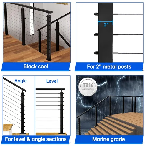 Vista 3 de Muzata Paquete de 10 accesorios de barandilla de cable negro de 1/8 pulgadas, tensor roscado a mano para poste de metal de 2 x 2 pulgadas, sistema