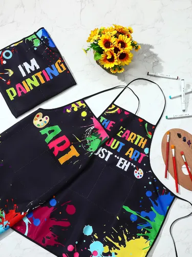 Vista 4 de 3 piezas delantal de artista de pintura con 2 bolsillos, colorido impermeable, delantales ajustables para pintores, delantales de arte, regalo