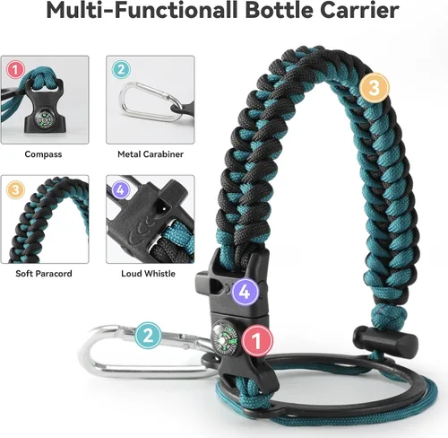 Vista 5 de Botella de agua aislada de 64 onzas con tapas de pajita y boquilla, jarra de agua de acero inoxidable de medio galón con mango de paracord, vacío