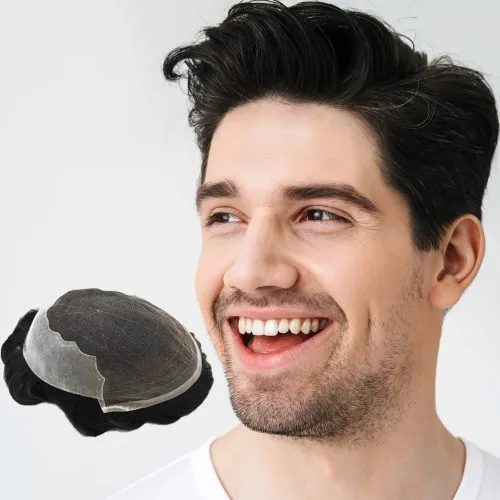 Vista 87 de Toupee para hombres pieza de pelo suave suizo encaje real sistema de cabello humano reemplazo blanqueado nudo mens tupé sistema de pelo para hombres