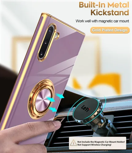 Vista 5 de LeYi Funda para Galaxy Note 10: Soporte de anillo giratorio de 360°, soporte magnético, funda protectora con borde de oro rosa chapado