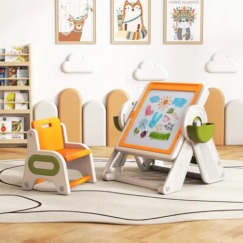 Vista 18 de Costzon Juego de mesa y silla 6 en 1 para niños, caballete de arte plegable con marcadores, borrador, 102 ladrillos compatibles, mesa de bloques