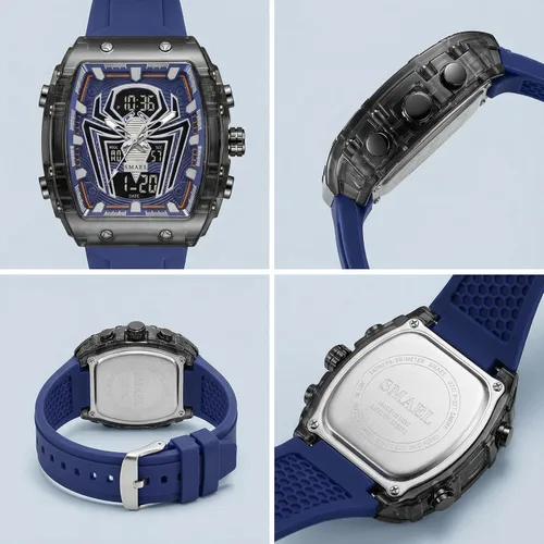 Vista 8 de SMAEL Watches for Men Unique Square Blue Wristwatch with Digital Analog Dual Time Display Countdown Stopwatch Punk Cool Design 5ATM Waterproof 8116