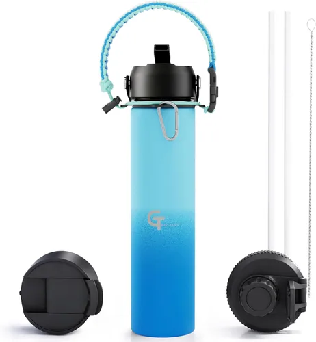 Vista 10 de Botella de agua para niños de 18 onzas, de acero inoxidable aislado con tapa con popote, 3 tapas, a prueba de fugas, mango de paracaídas, sin BPA