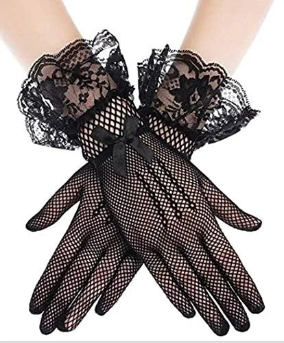 Vista 5 de Fascinators - Pinza para el pelo con plumas de cóctel, con 1 par de guantes de encaje negro