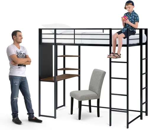 Vista 5 de East West Furniture BUTLBLK Buckland - Cama tipo loft individual, una cama de metal, una mesa, 2 estantes para libros y 2 escaleras con 3 y 4