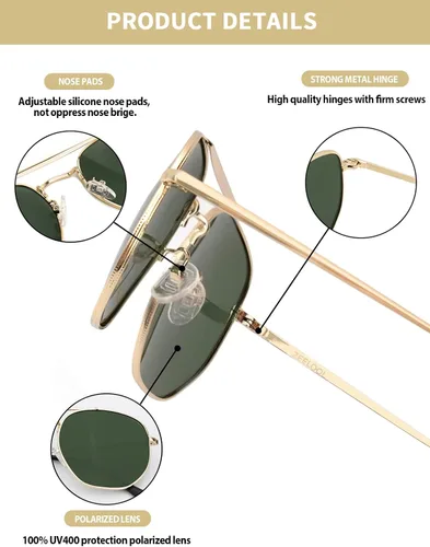 Vista 5 de Zeelool Gafas de sol polarizadas de aviador para hombres y mujeres, marco de metal cuadrado de gran tamaño, tonos negros retro SM0024