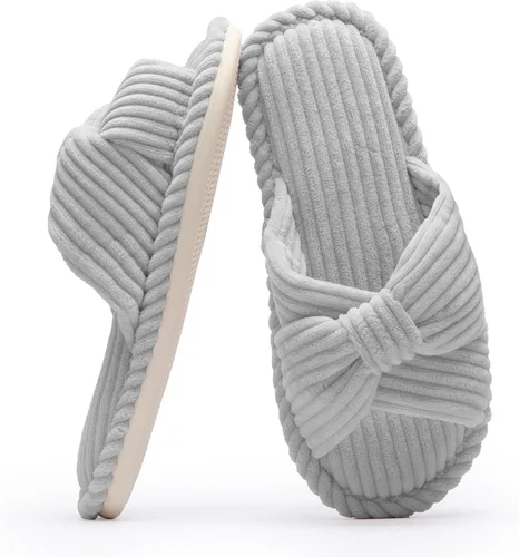 Vista 10 de Chantomoo Pantuflas para mujer, de espuma viscoelástica, para el hogar, dormitorio, baño, spa, puntera abierta, con lazo de pana, acogedoras