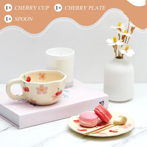 Vista 3 de Vesici 1 juego de tazas de café de cerámica con platillo y cuchara, bonitos regalos para el día de la madre para mamá, 8.5 onzas, taza de té floral