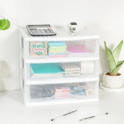 Vista 2 de BYCY Almacenamiento apilable de plástico con 3 cajones, organizador de maquillaje de baño blanco con cajones anchos transparentes, organizador