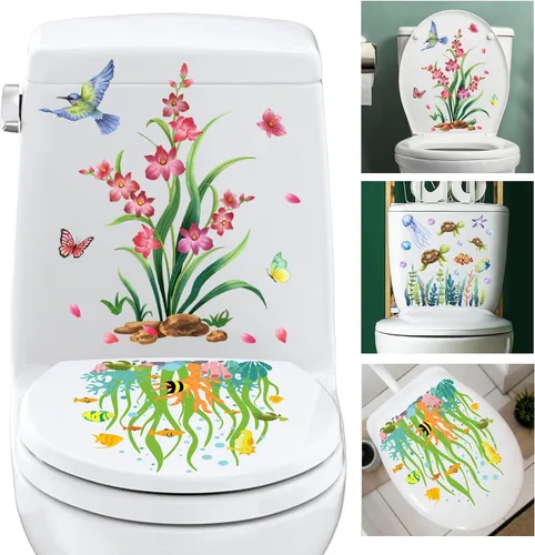 Vista 8 de 3 calcomanías autoadhesivas de pared para asiento de inodoro, diseño floral rosa y morado, diseño de pájaros y flores, para bricolaje, ramo