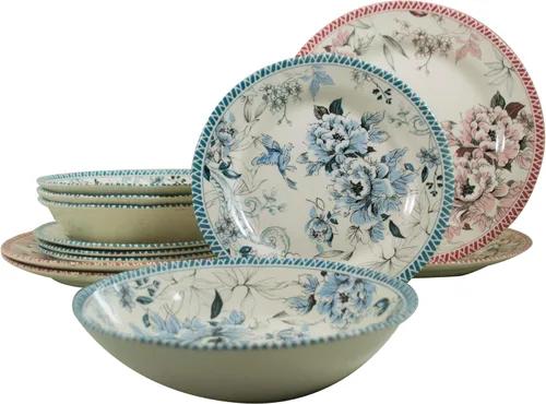 Vista 22 de Tudor Royal - Juego de vajilla redonda de porcelana de 12 piezas, servicio para 4, diseño botánico, flores de verano, platos, cuencos, brillante